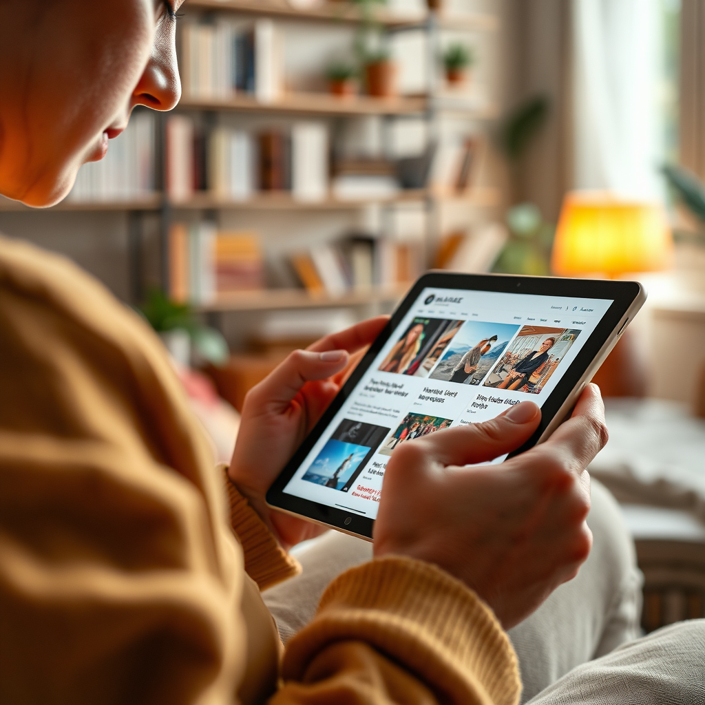 A photorealistic image depicting a person engrossed in reading content on a tablet. The content should be visually appealing and engaging, with captivating images and concise text. The lighting should be soft and warm, creating a sense of comfort and immersion. The color palette should be vibrant and inviting, with pops of color that draw the eye. The camera angle should be close-up, emphasizing the details of the tablet and the person's expression. Texture details should be realistic, showcasing the crispness of the display and the texture of the person's skin. The environment should be a cozy living room, filled with books and plants, conveying a sense of relaxation and enjoyment. Style reference: Lifestyle photography. Technical specs: 4K resolution, high-quality rendering.