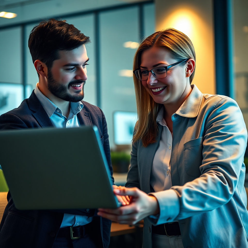 A photorealistic image depicting two professionals collaborating on a project, with one person guiding the other through a complex task on a laptop. The atmosphere is supportive and encouraging. The lighting is warm and inviting, creating a sense of trust and collaboration. The color palette is soft and calming, with shades of blue and green dominating the visual. The camera angle is close-up, emphasizing the interaction and the shared screen. Texture details are realistic and professional, showcasing the laptop and the expressions on the faces of the individuals. The environment is a modern office space, conveying a sense of teamwork and support. Style reference: Modern office photography. Technical specs: 4K resolution, high-quality rendering.