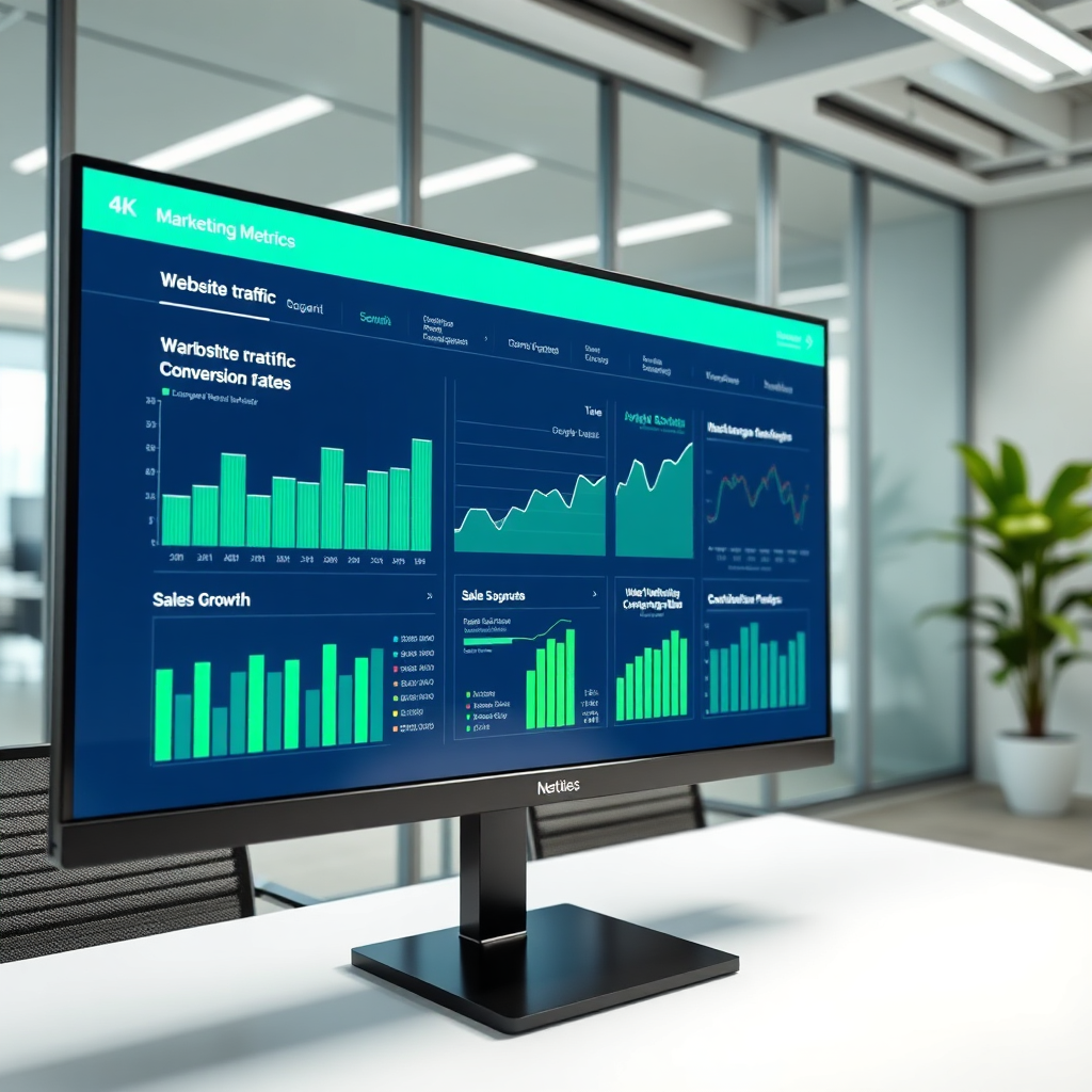 A photorealistic image showcasing a dashboard with clear and concise charts and graphs displaying positive marketing metrics: website traffic, conversion rates, sales growth, etc. The dashboard is displayed on a large monitor in a modern office environment. The lighting is bright and focused on the screen, highlighting the data and the positive trends. The color palette is vibrant and encouraging, with shades of green and blue dominating the visual. The camera angle is slightly angled, providing a clear view of the dashboard and the office environment. Texture details are crisp and professional, showcasing the sleekness of the monitor and the precision of the data visualization. The environment is a modern office space, conveying a sense of professionalism and expertise. Style reference: Modern data visualization and office photography. Technical specs: 4K resolution, high-quality rendering.