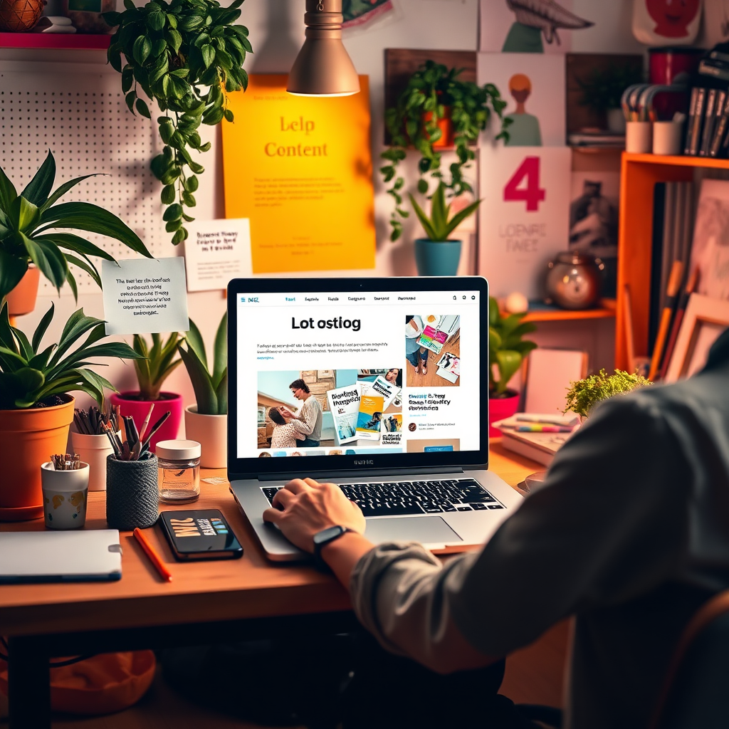 A vibrant image showcasing a content creator working on a laptop, surrounded by various elements representing different content formats such as blog posts, social media updates, and videos. The laptop screen displays a visually appealing blog post with engaging images and headlines. The setting is a creative and inspiring workspace, filled with plants, art supplies, and other tools of the trade. The lighting is bright and cheerful, reflecting the energy and enthusiasm of the content creator. The color scheme is bold and vibrant, with a mix of warm and cool tones. Style: Creative workspace photography. Technical specs: 4K resolution, dynamic composition.