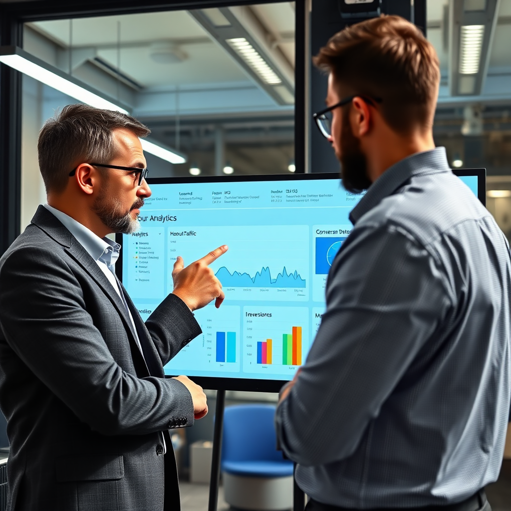 An image depicting a consultant reviewing a website's analytics dashboard with a business owner. The dashboard displays key performance indicators (KPIs) such as website traffic, bounce rate, and conversion rates. The consultant points to areas of improvement on the dashboard while explaining the data to the owner. The setting is a modern office space, and the atmosphere is collaborative and informative. The lighting is bright and professional, highlighting the importance of data-driven decision-making. The color scheme is modern and clean, with pops of color to emphasize key metrics. Style: Professional business photography. Technical specs: 4K resolution, realistic lighting.